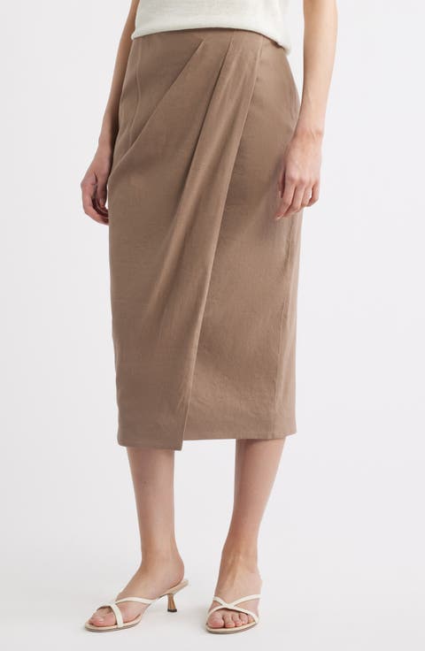 Linen Blend Wrap Midi Skirt