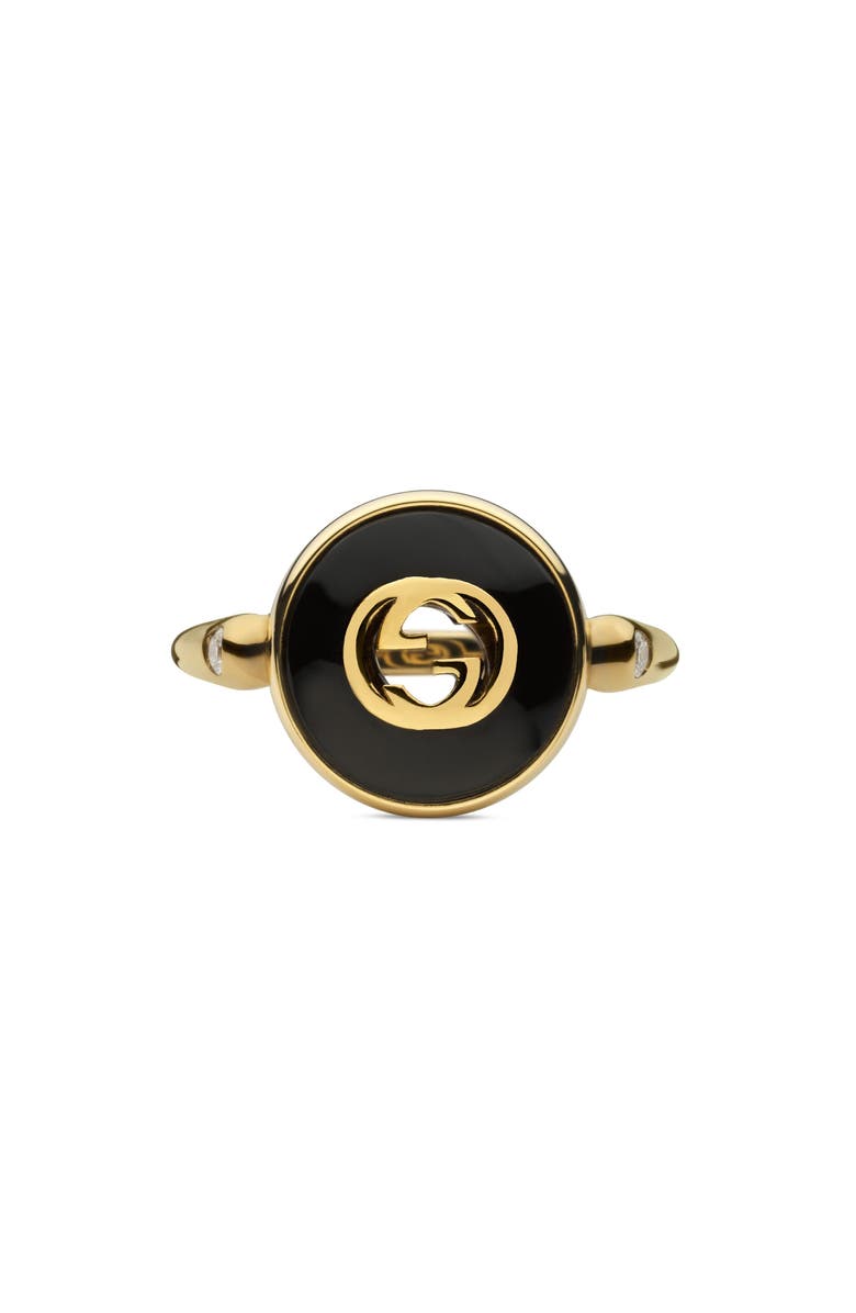 Gucci Interlocking-G Black Onyx & Diamond Ring, Main, color, Yellow Gold