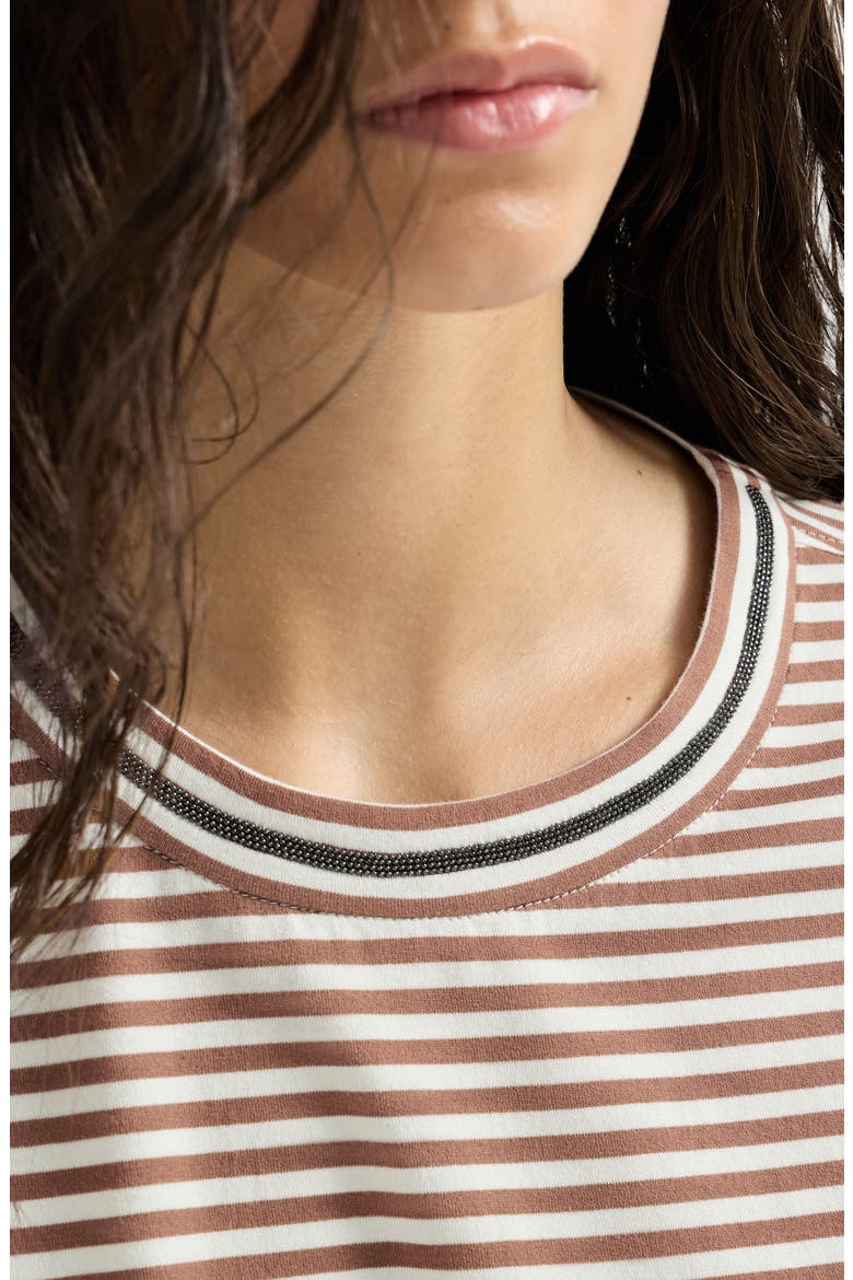 Striped cotton jersey t-shirt with precious neckline, Alternate, color, Light Brown