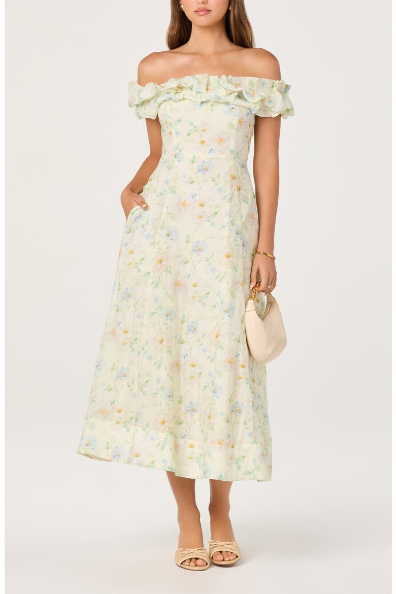 Alannah Floral Print Off the Shoulder Dress, Alternate, color, PALE YELLOW FLORAL