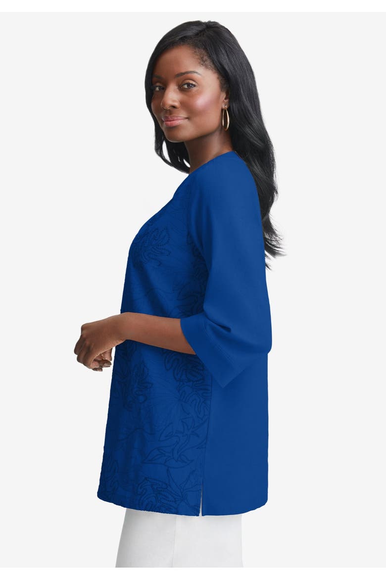Linen V Neck Embroidered Tunic, Alternate, color, SAPPHIRE LEAF EMBROIDERY