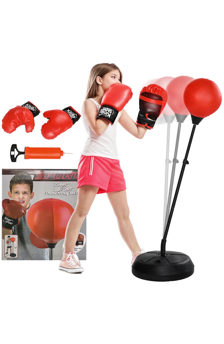 Qaba Punching Bag for Kids with Stand, Adjustable, Boxing Gloves, Dia 17.5" x 48.2"-57.9"H, Main, color, Red