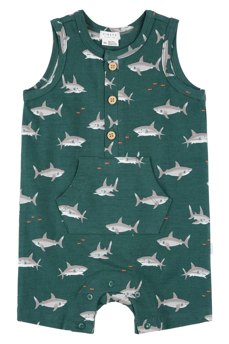 Shark Print Romper, Main, color, TEAL