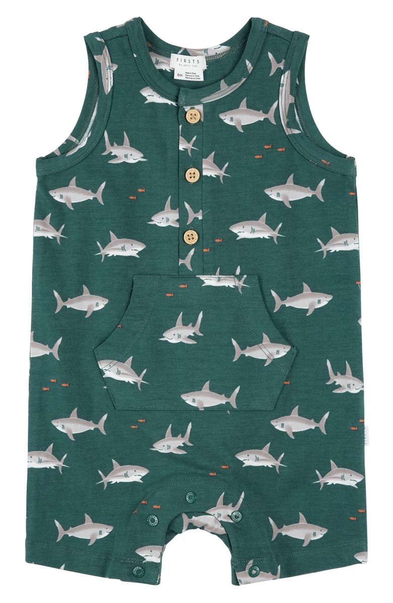 Petit Lem Shark Print Romper, Main, color, Teal