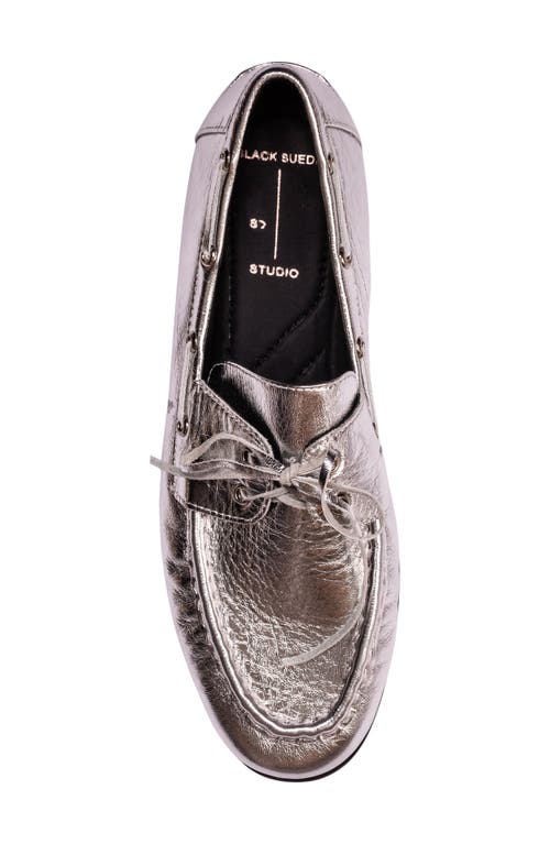 Black Suede Studio Davy Boat Shoe In Silver Crinkle