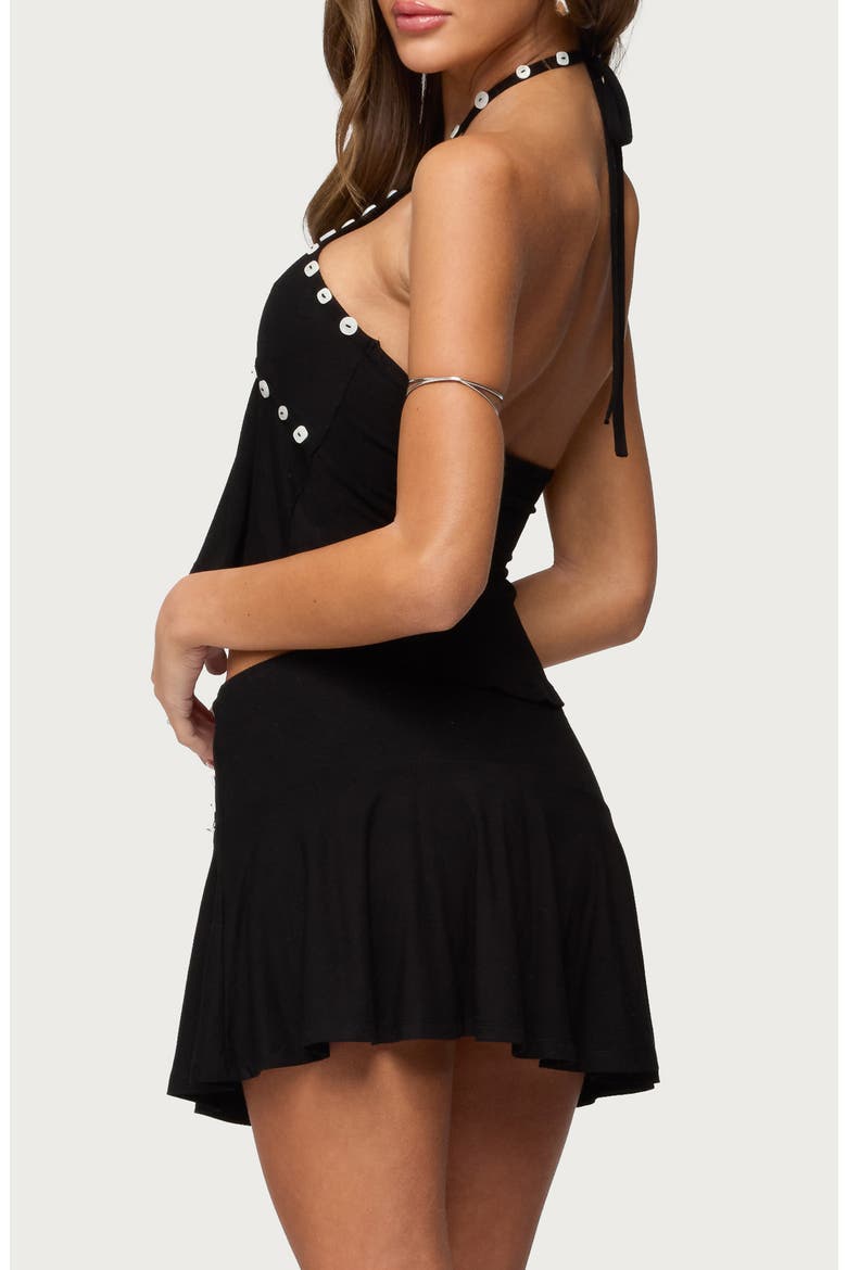 Kayce Button Trim Open Back Halter Top, Alternate, color, BLACK