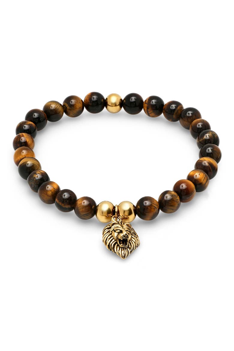 Stainless Steel & Tiger Eye Beaded Tiger Charm Bracelet, Main, color, GOLD