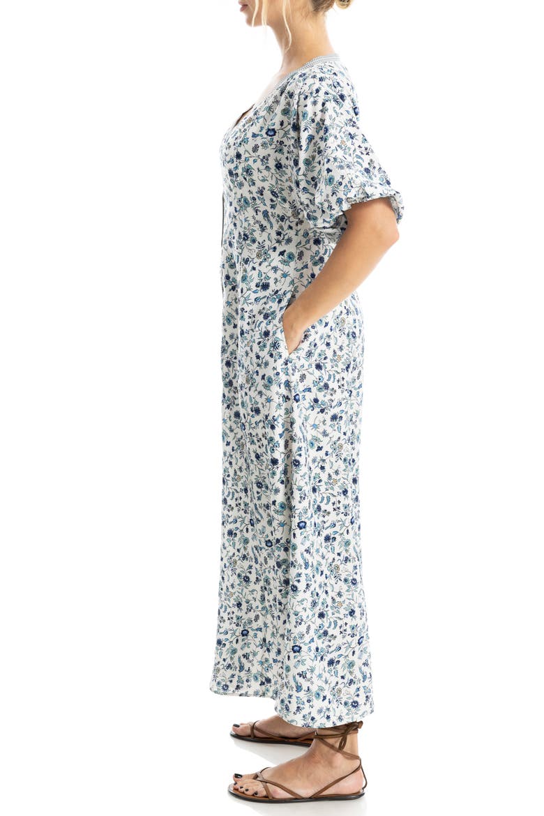 V-Neck Puff Sleeve Maxi Dress, Alternate, color, ECRU/ BLUE AZALEA CHINTZ