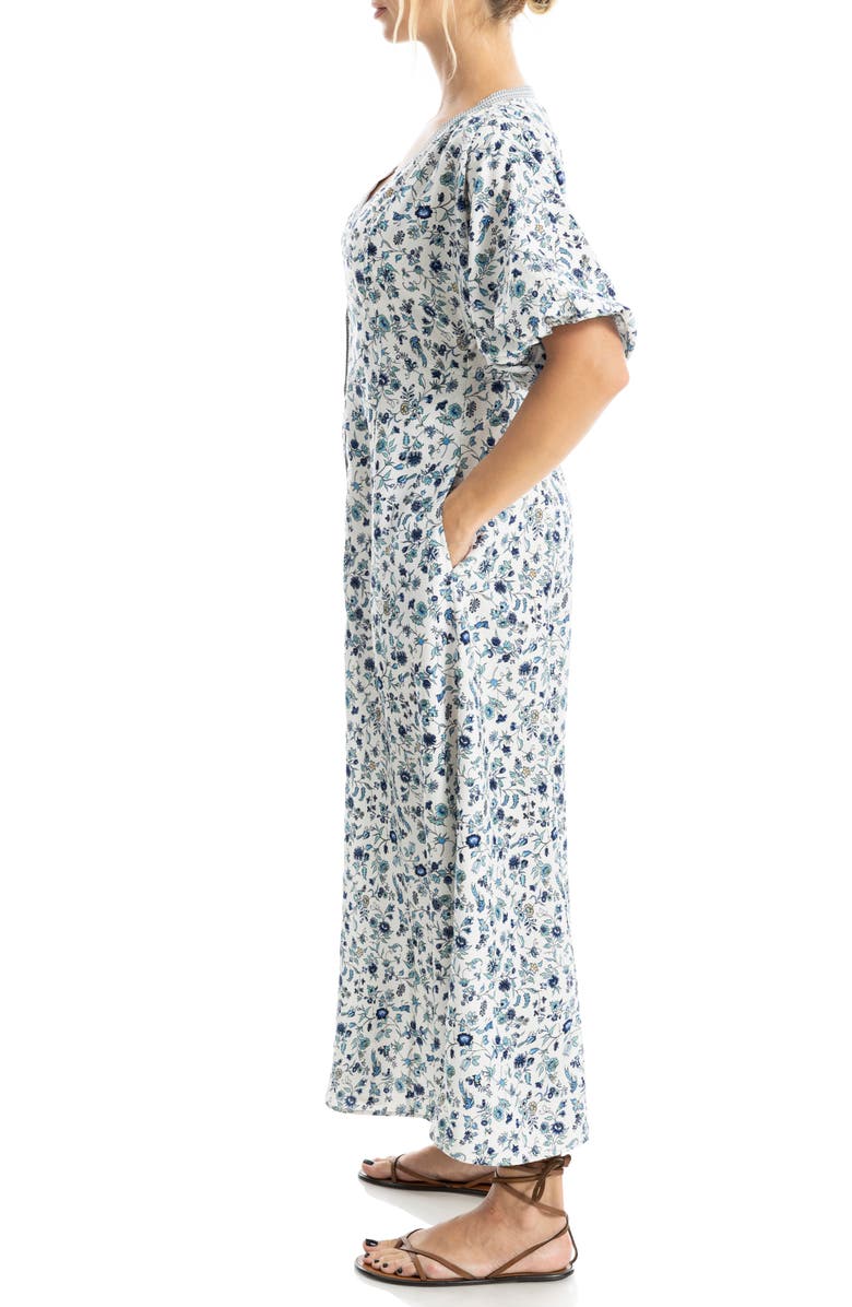 MAX STUDIO V-Neck Puff Sleeve Maxi Dress, Alternate, color, Ecru/ Blue Azalea Chintz