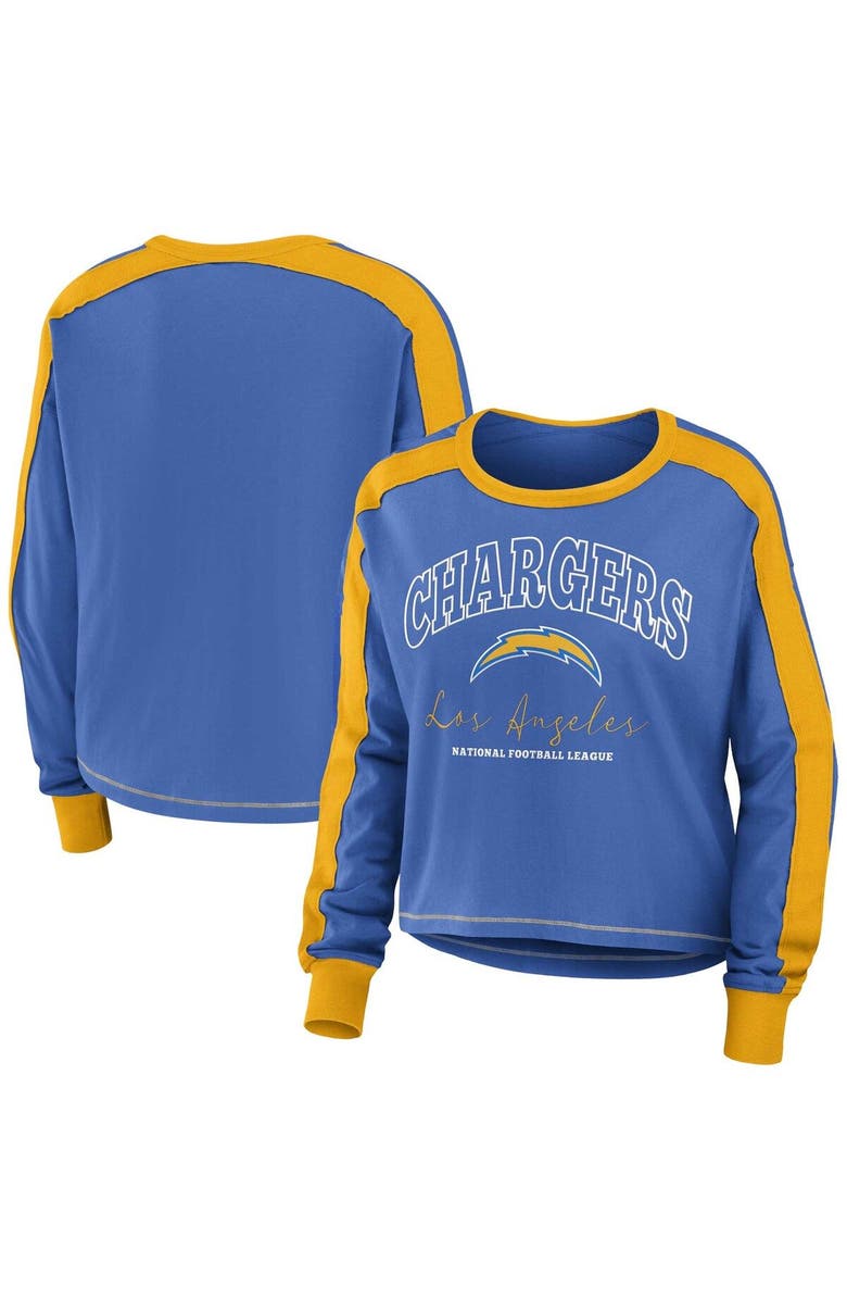WEAR by Erin Andrews Women's WEAR by Erin Andrews Powder Blue/Gold Los Angeles Chargers Color Block Modest Crop Long Sleeve T-Shirt, Main, color, Powder Blue