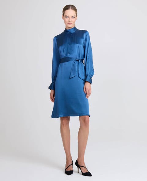 Cara Silk Pleated Tie Neck Dress