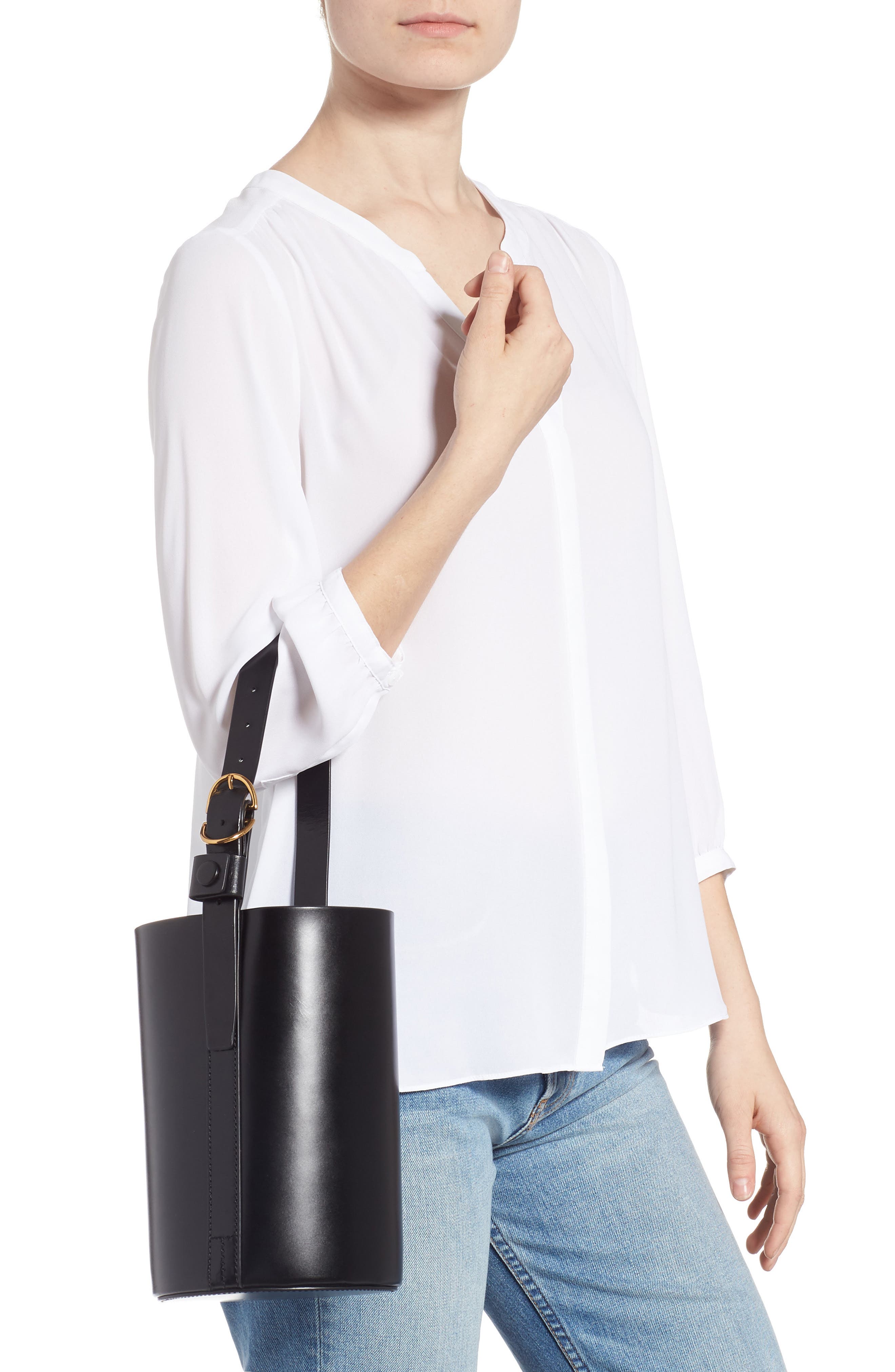 Small Leather Bucket Bag, Alternate, color, BLACK