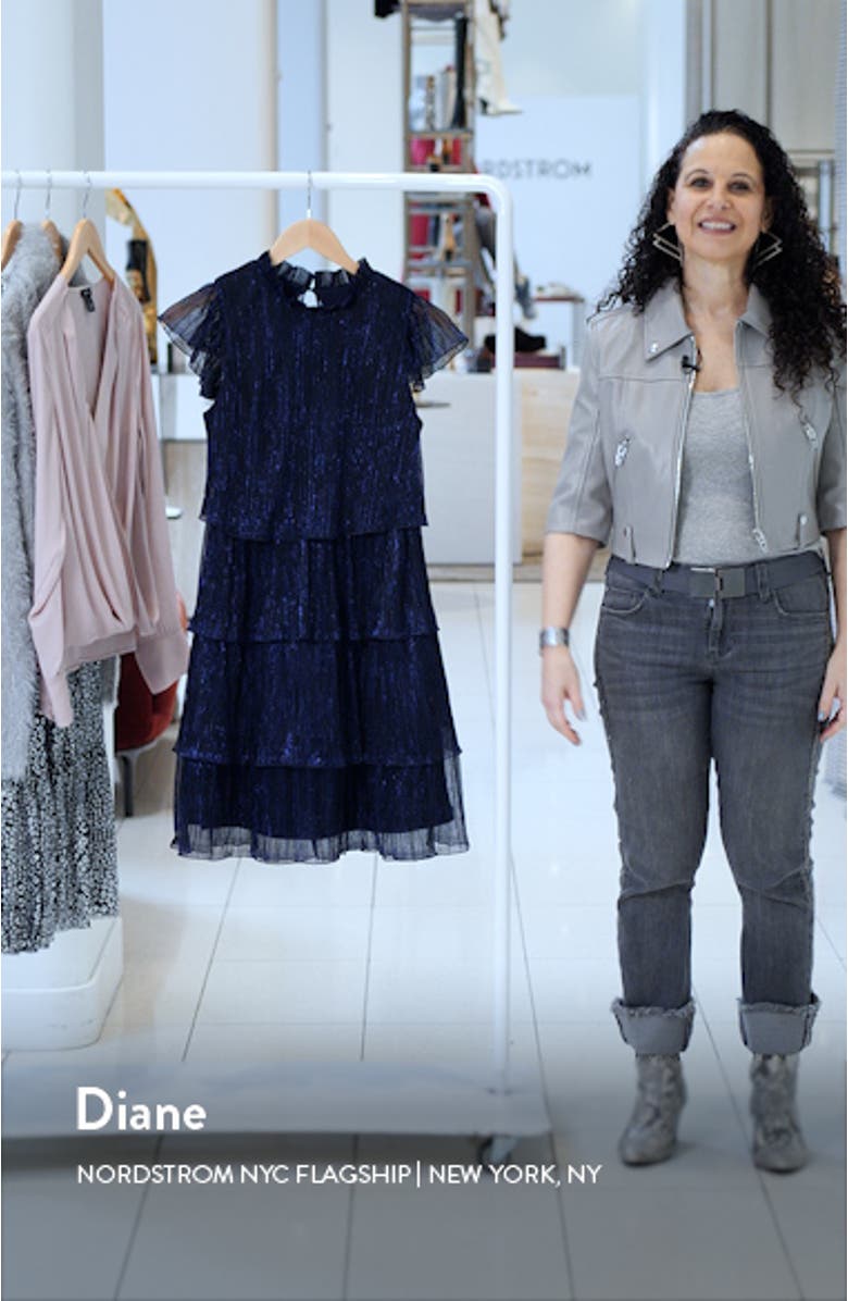 Crinkle Tiered Metallic Flutter Sleeve Dress, sales video thumbnail