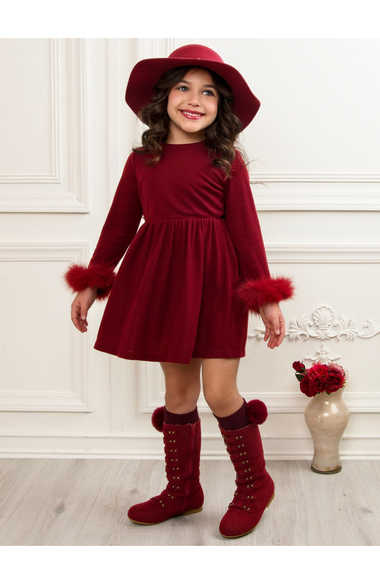 Mia Belle Girls Cranberry Frost  Dress with Luxe Cuffs, Alternate, color, Burgundy