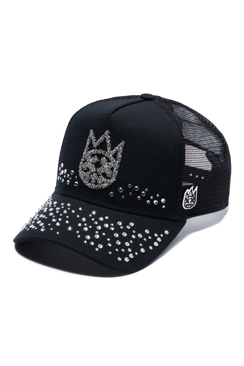 Shimuchan Logo Crystal Embellished Trucker Hat, Main, color, BLACK