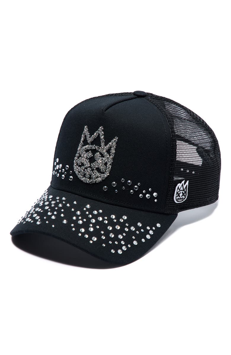 Cult of Individuality Shimuchan Logo Crystal Embellished Trucker Hat, Main, color, Black