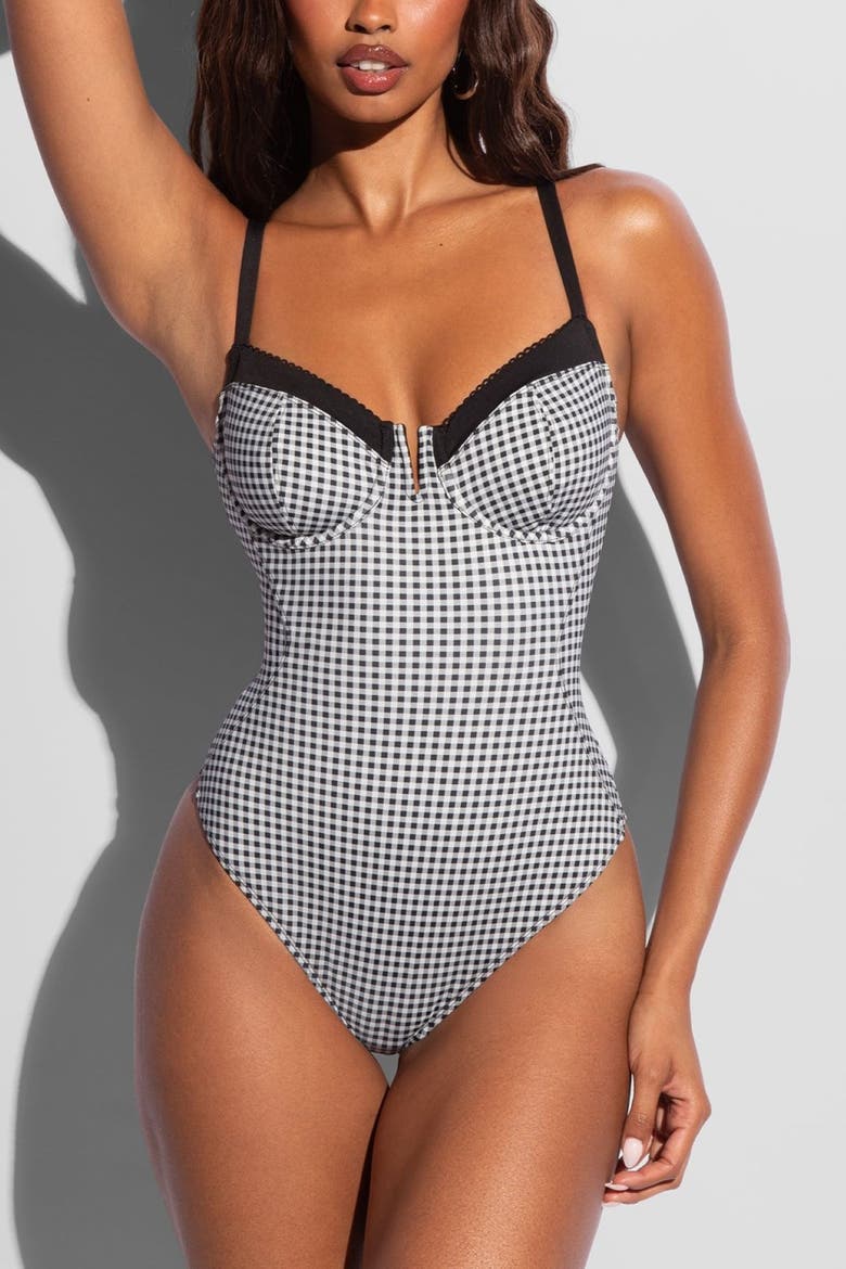 Mega Sculpting V-wire One Piece Swimsuit, Main, color, Gingham