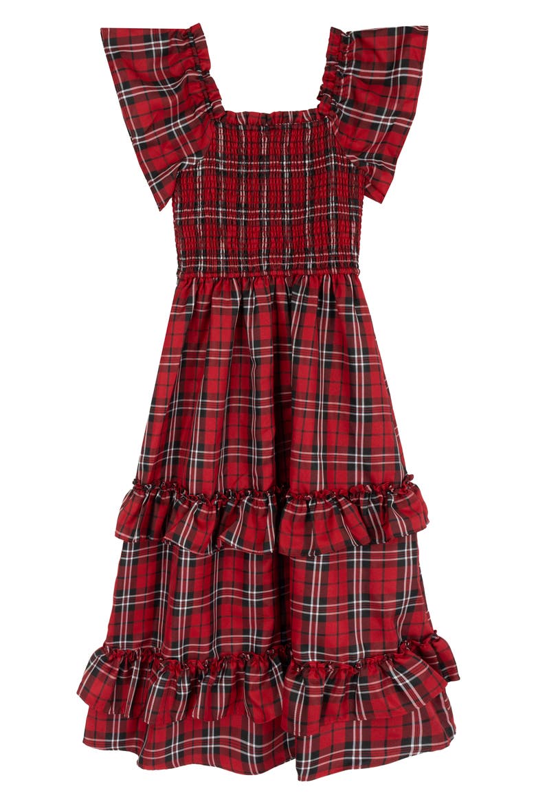Kids' Plaid Flutter Sleeve Smocked Tiered Maxi Dress, Alternate, color, RED