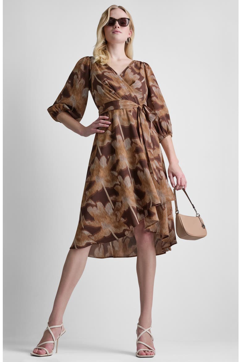 Floral Crepe Wrap Dress, Alternate, color, JAVA