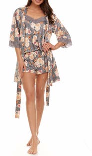 Flora Nikrooz Sabrina Floral Print Satin Short Pajamas & Robe Set