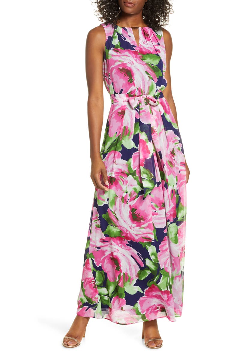 Donna Ricco Abstract Floral Print Sleeveless Maxi Dress, Main, color, 