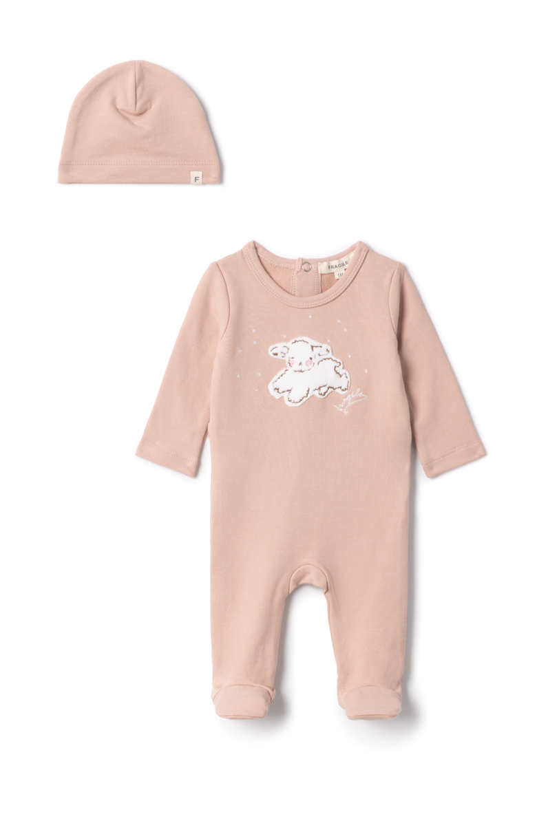 Fragile Girl Sheep Embroidered Romper with Matching Hat, Main, color, Light Maple