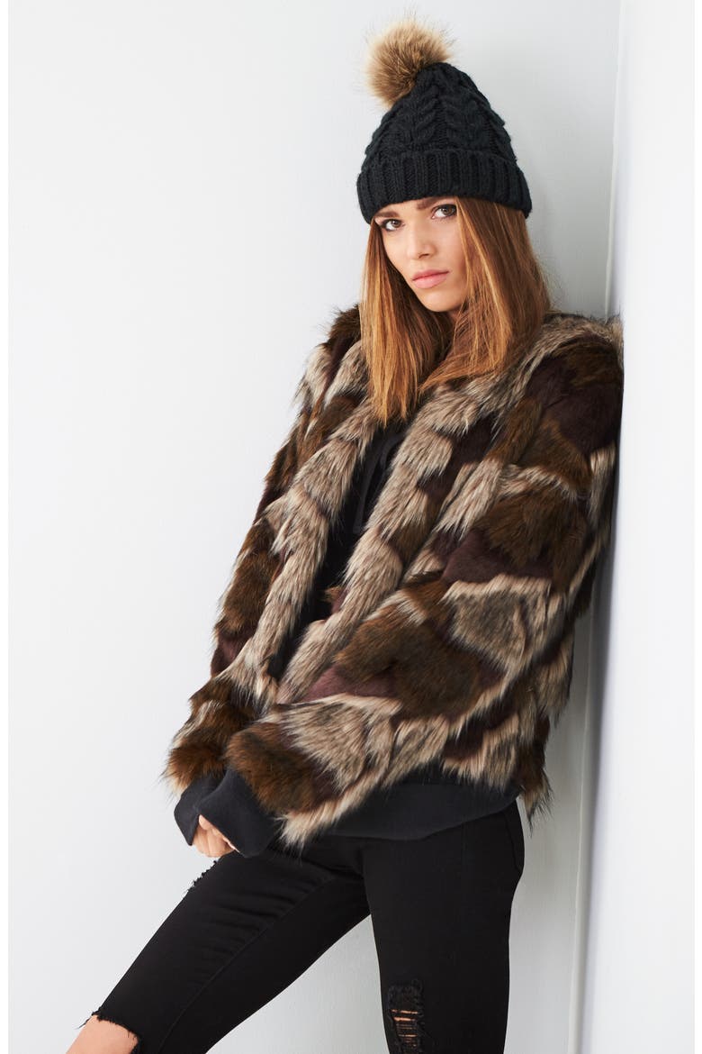 Knit Beanie with Faux Fur Pompom, Alternate, color, BLACK