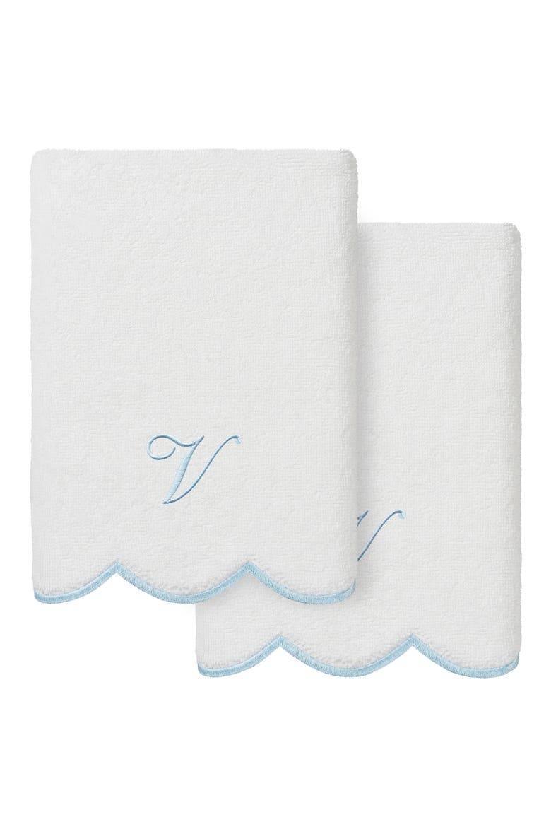 Scallop Personalized Monogram 2-Piece Hand Towel Set, Main, color, WHITE/ BLUE V