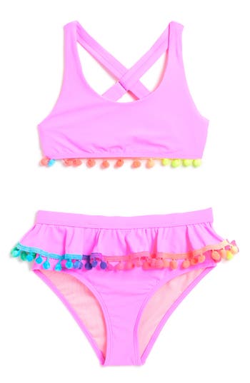 Shop Beach Lingo Kids' Pompom Ruffle Two-piece Swimsuit In Pink