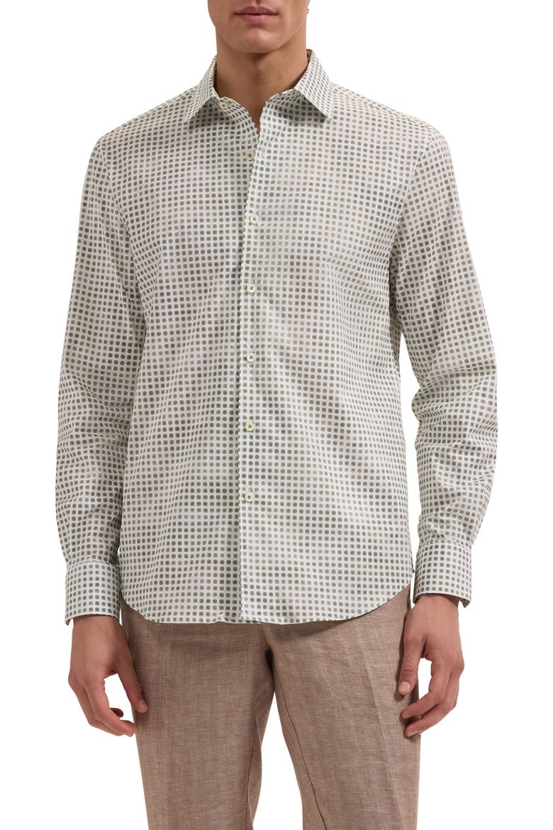 Alvin Shaped Fit Geo Print Button-Up Shirt, Main, color, KHAKI