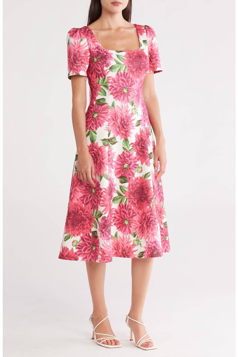 Square Neck Short Sleeve Fit & Flare Dress, Main, color, IVORY MULTI