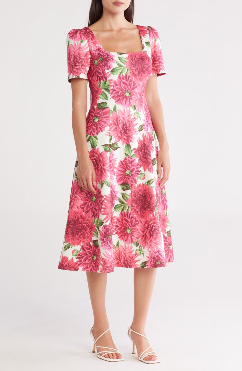 Donna Ricco Square Neck Short Sleeve Fit & Flare Dress, Main, color, Ivory Multi