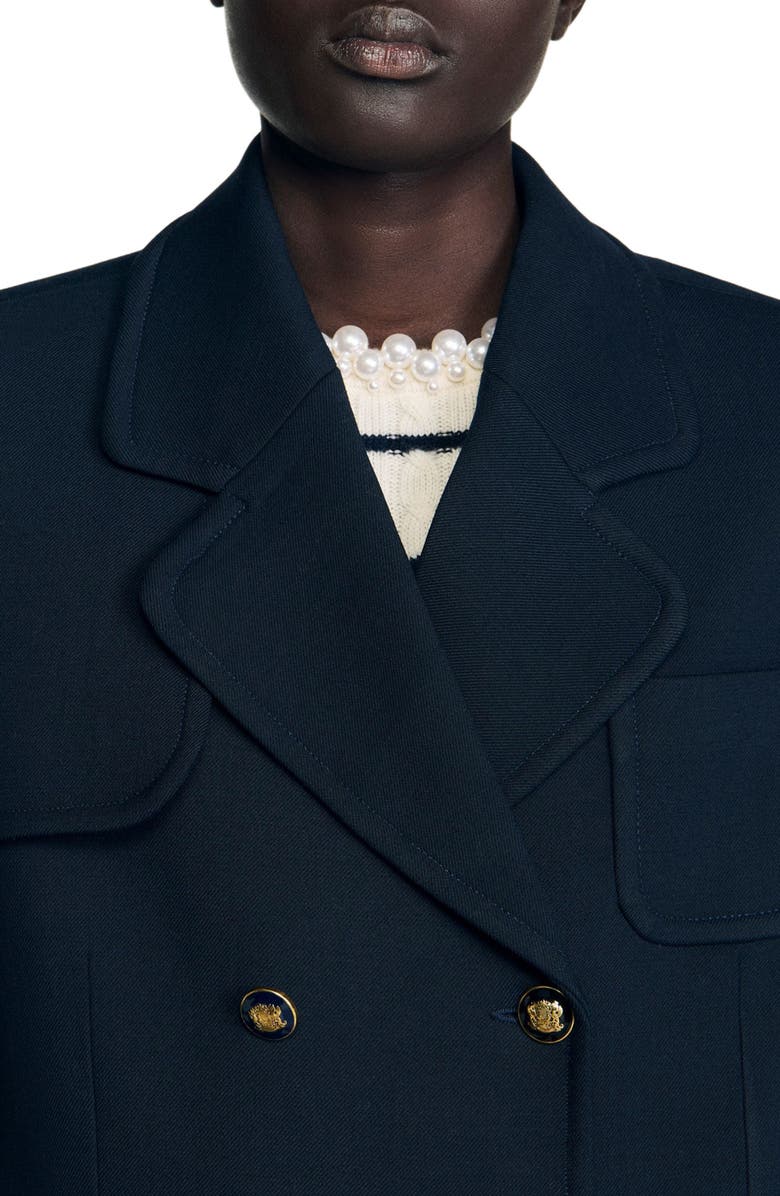 SANDRO Structured long double-breasted coat, Alternate, color, Navy Blue