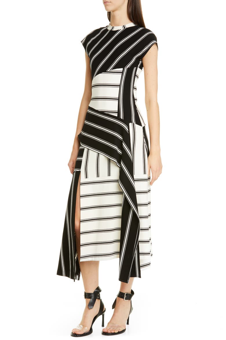 Asymmetrical Stripe Jersey Midi Dress, Alternate, color, BLACK/ ECRU