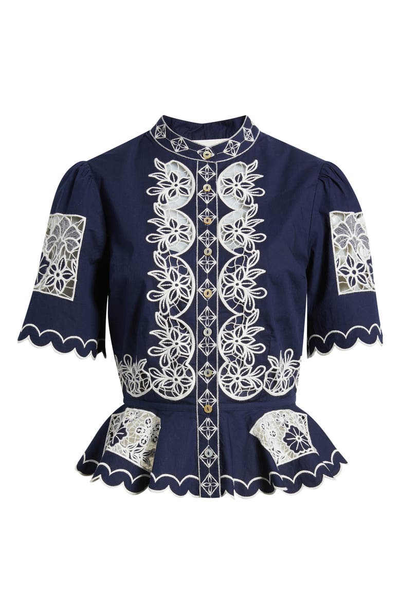 LOVE THE LABEL Elizabeth Embroidered Peplum Top, Alternate, color, Navy W White Embroidery
