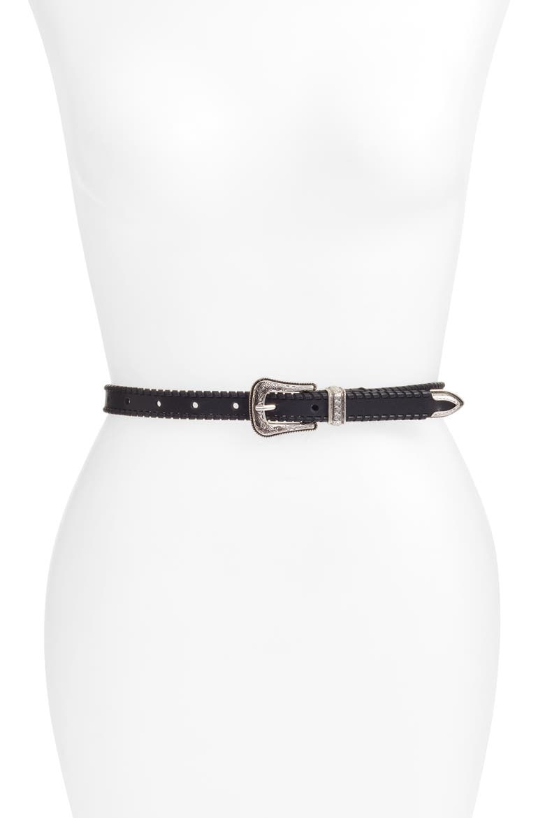 Whipstitch Leather Belt, Main, color, BLACK