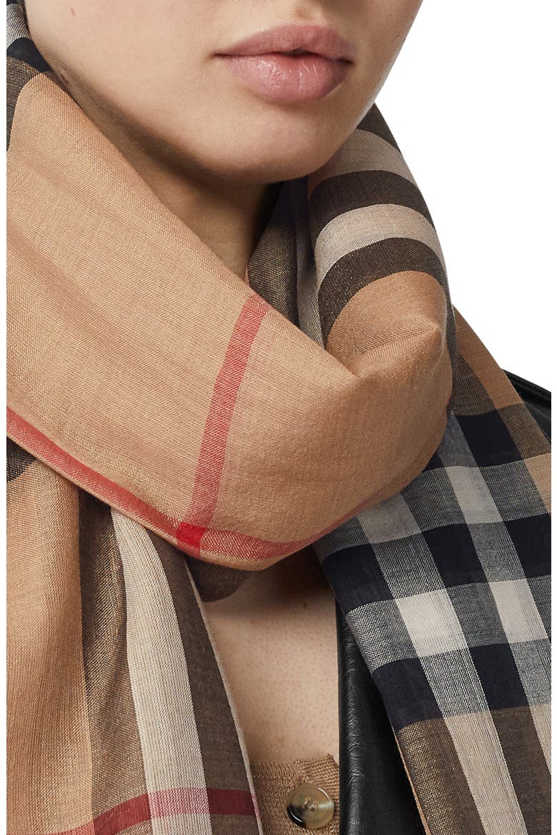 Giant Check Print Wool & Silk Scarf, Alternate, color, ARCHIVE BEIGE