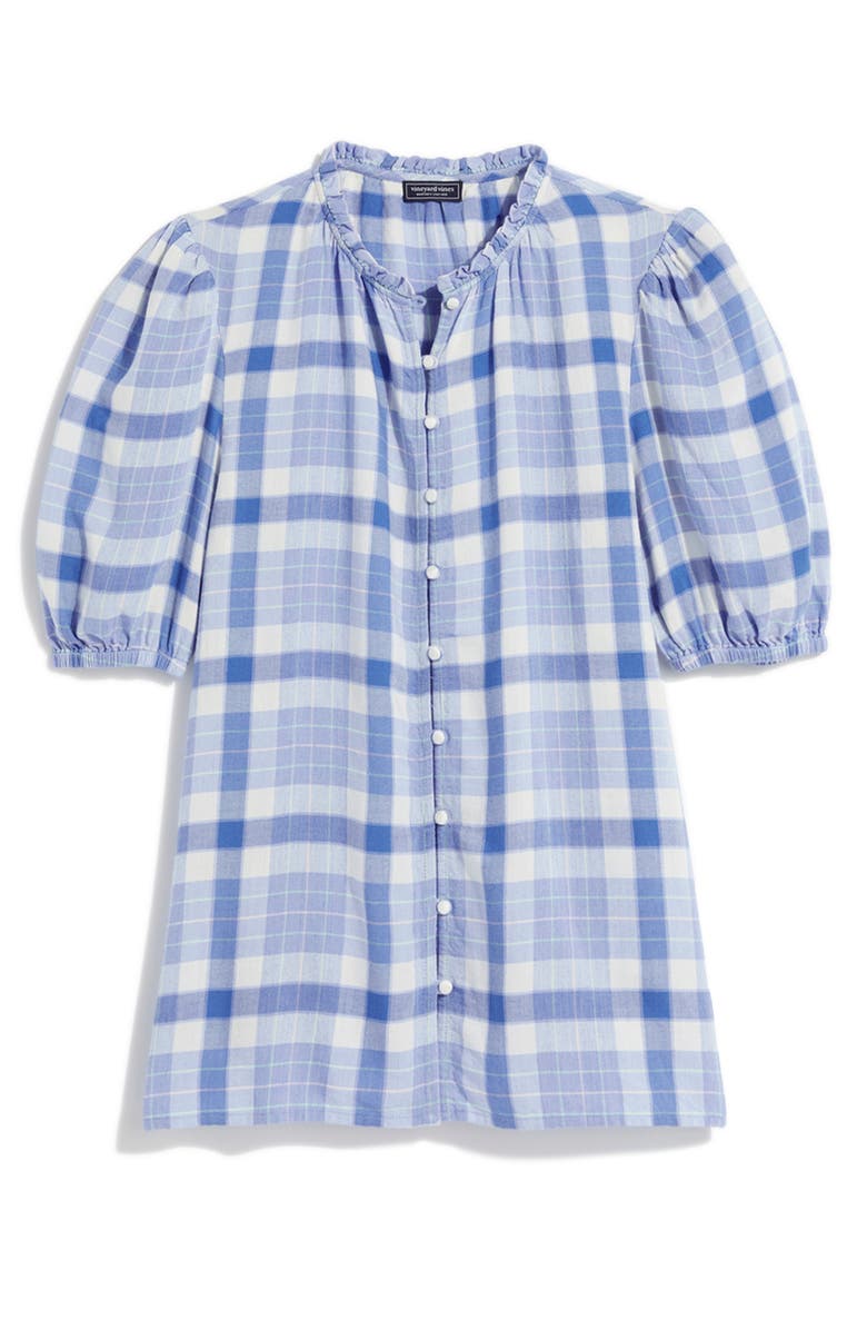 vineyard vines Plaid Ruffle Neck Puff Sleeve Twill Top, Main, color, 