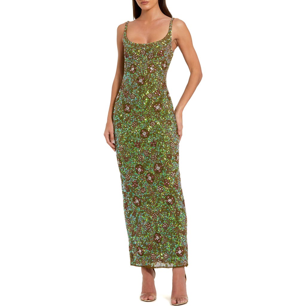 Mac Duggal Beaded Mesh Sleeveless Scoop Neck Ankle Dress In Green