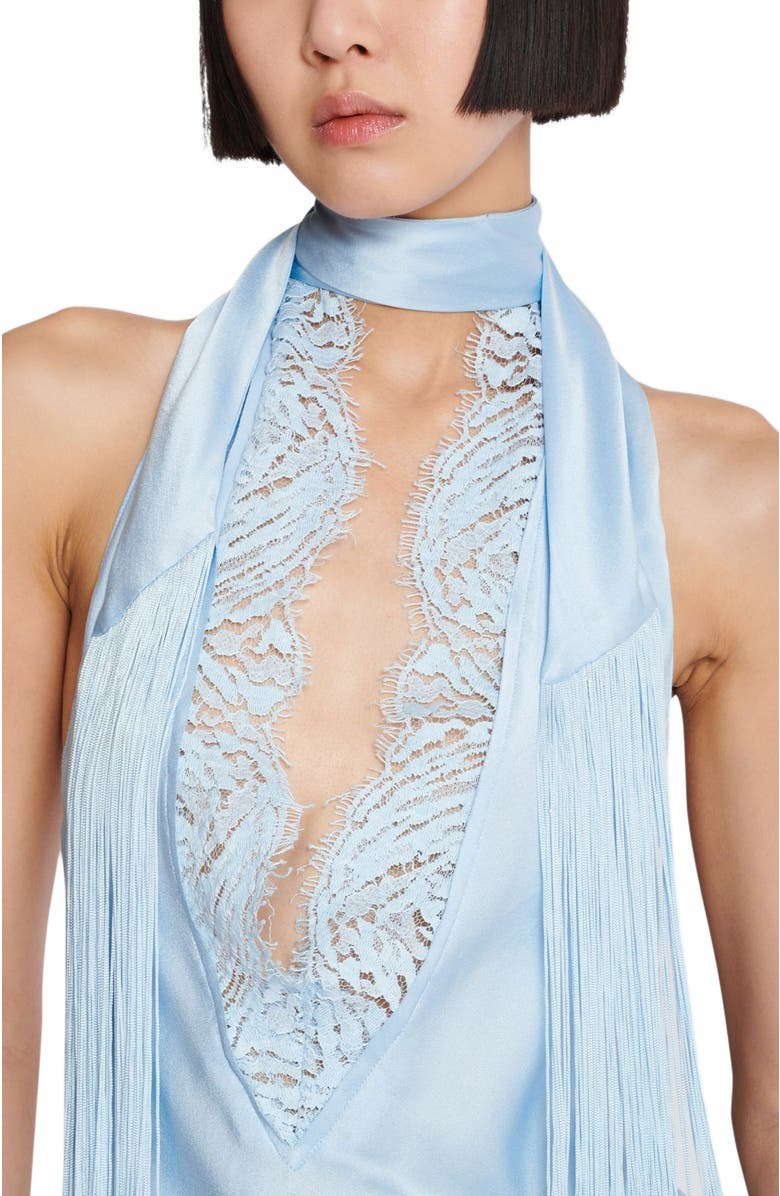 Balmain Backless Crepe Satin Top With Fringe, Alternate, color, Blue