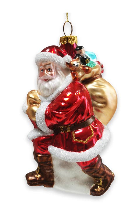 Holly Jolly Santa With Toy Sack Glass Ornament