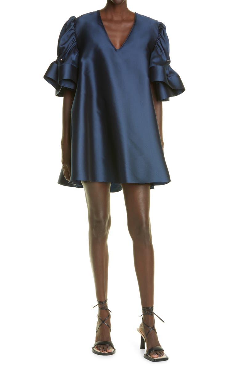 Kimberly Goldson Paisley Ruffle Sleeve Satin Shift Dress, Main, color, 