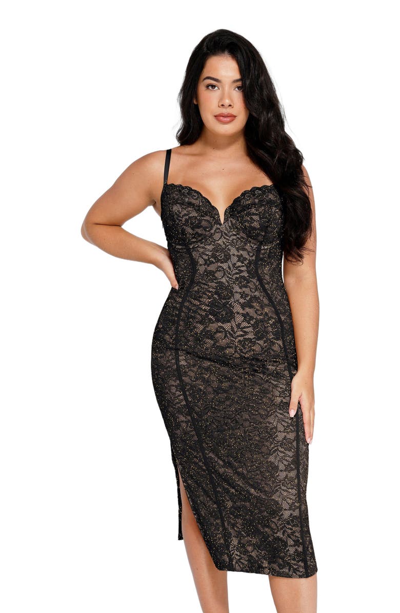 Popilush Shapewear All-Lace Hourglass Corset Side Slit Midi Dress, Main, color, 