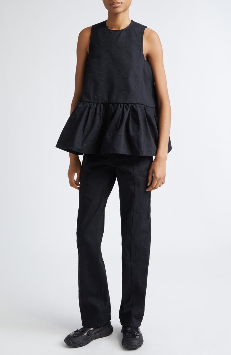 Cecilie Bahnsen Barbara Floral Embroidered Denim Peplum Top, Alternate, color, Black
