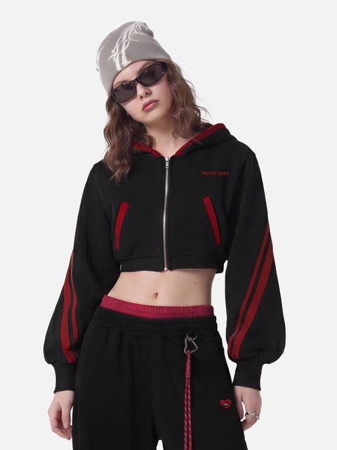 Cropped Contrast Zip Up Hoodie