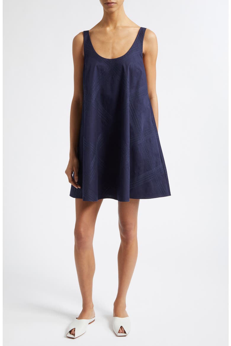 Emery Embroidered Cotton Trapeze Minidress, Main, color, DARK NAVY / DARK NAVY
