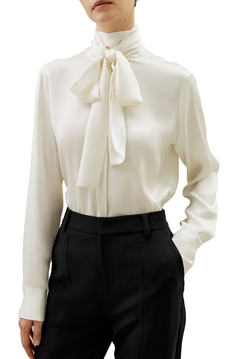 Women's Silk Turtleneck Ribbon Blouse, Main, color, Natural white