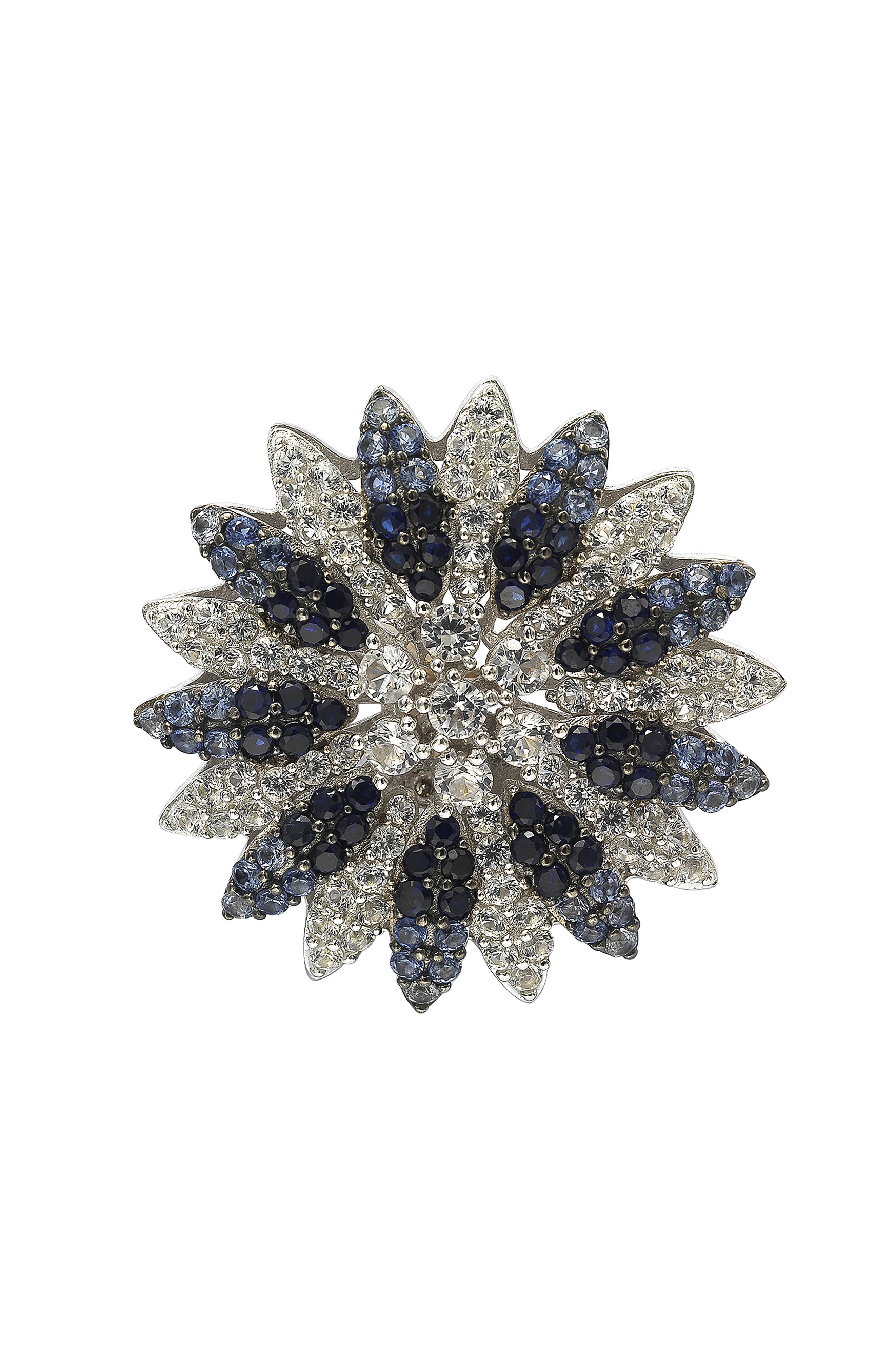 SUZY LEVIAN Floral Sterling Silver White Sapphire Blue Sapphire Brown Diamond Brooch