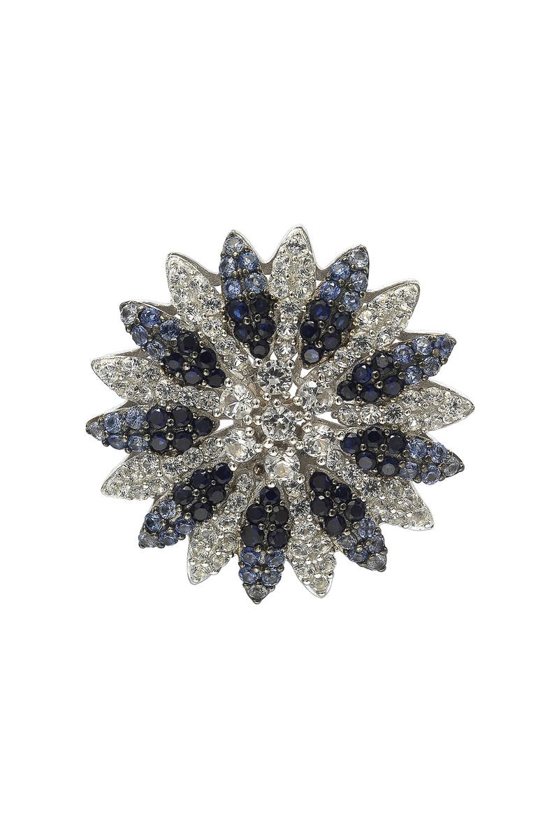 Floral Sterling Silver White Sapphire Blue Sapphire Brown Diamond Brooch, Main, color, BLUE