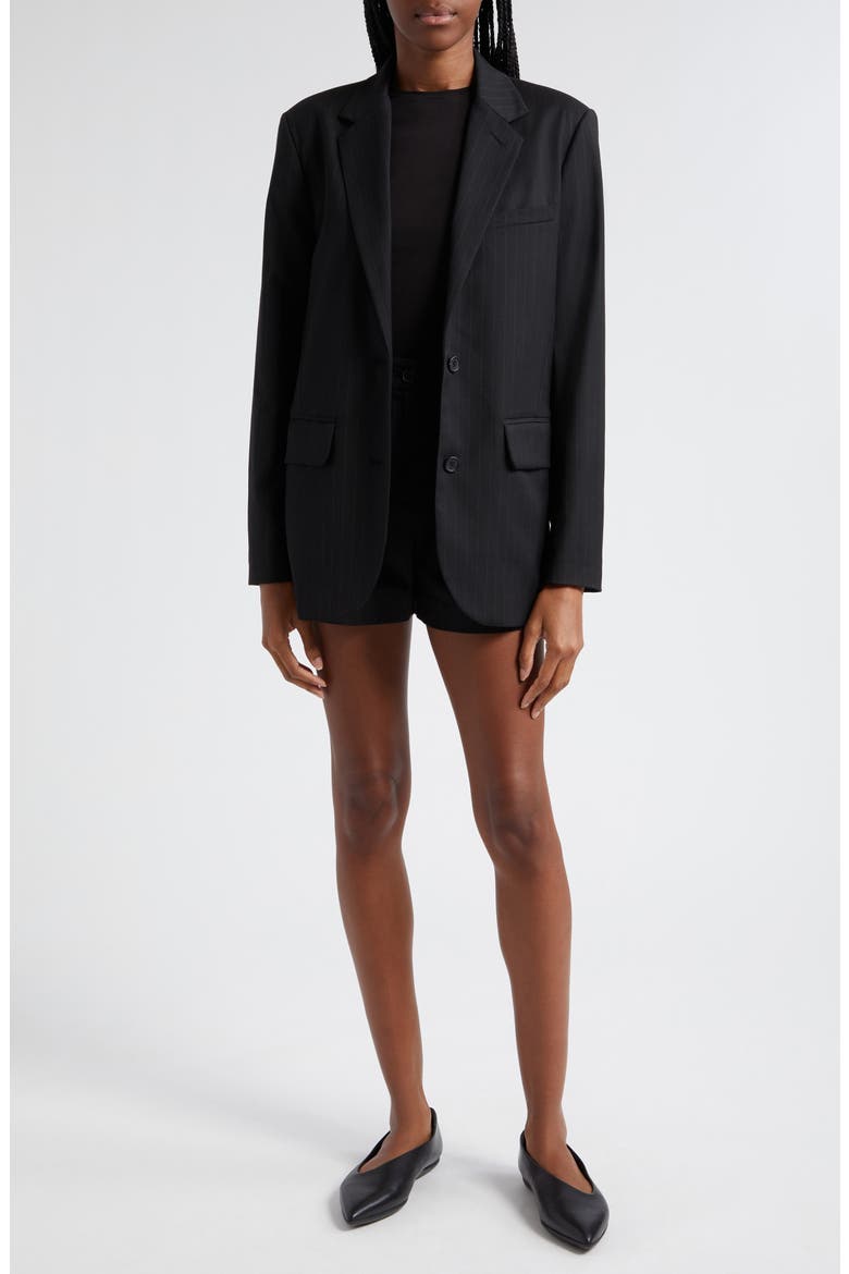 Pinstripe Pleated Twill Shorts, Alternate, color, BLACK